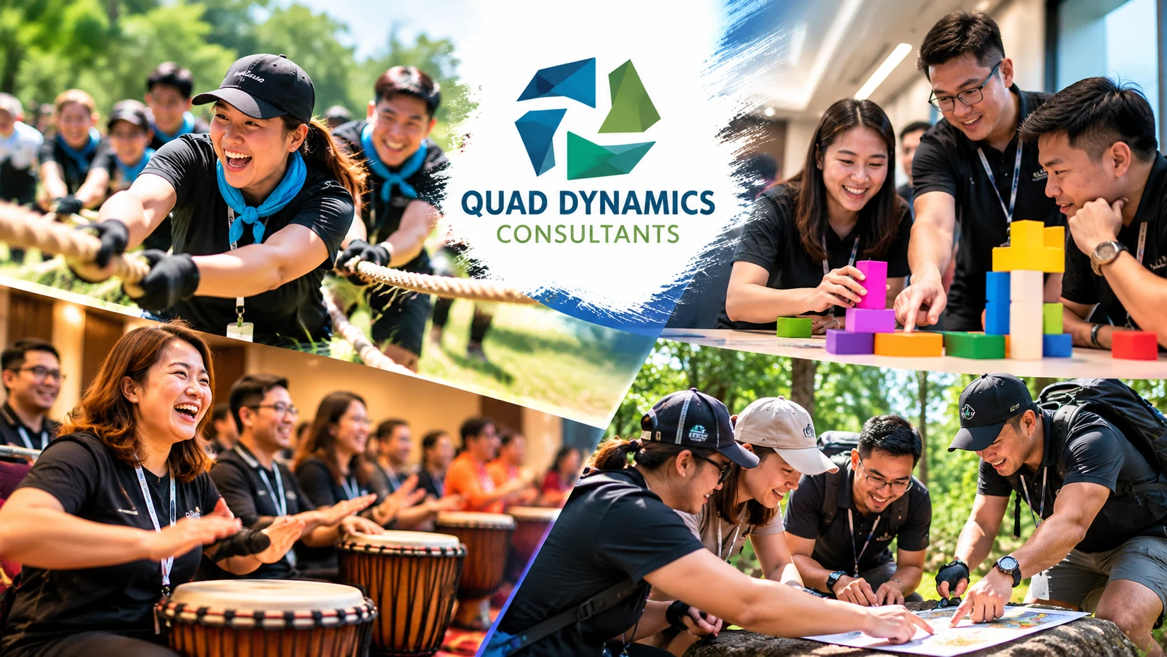 Quad Dynamics collage illustrating outdoor teamwork, indoor collaboration and musical team building