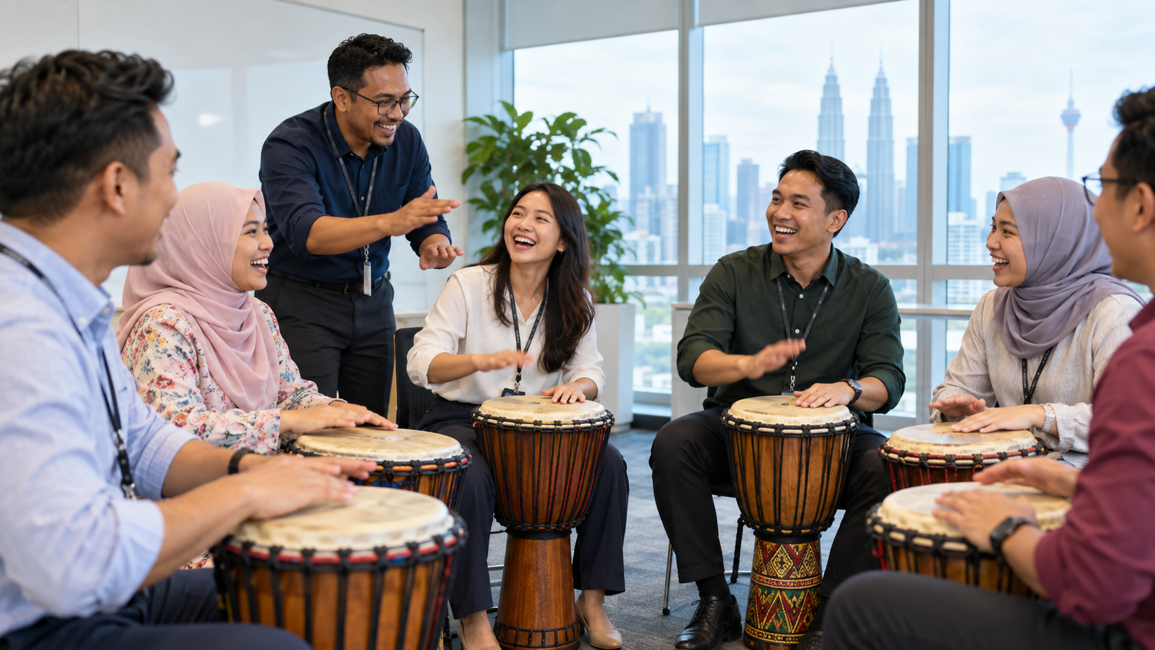 Illustrative scene of a corporate group collaborating around drums